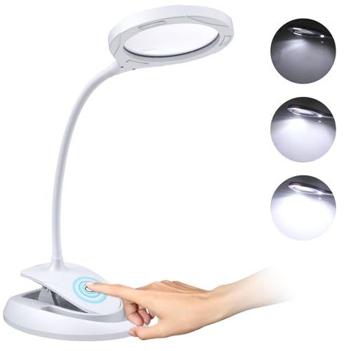 COLFULINE Lupa com luz 5X 10X, candeeiro de mesa com lente de vidro 2 em 1 com botão de toque, candeeiro de aumento LED com base e braçadeira para ler, trabalhar, manual 3 blocos ajustáveis