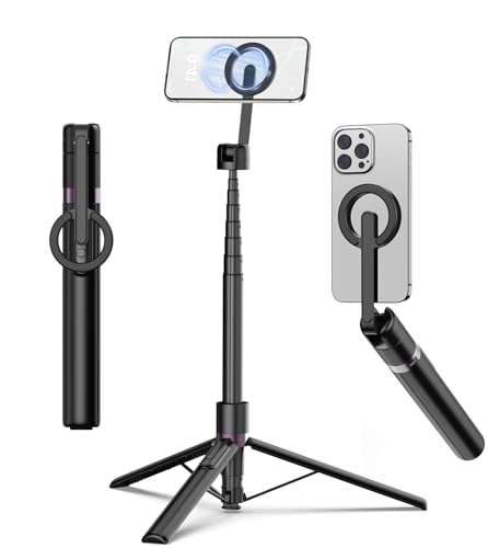 TONEOF 173 cm Tripé magnético para telemóvel vara Selfie, suporte magnético de alumínio - telefone rotativo de 360°, tripé viagem retrátil com anel metálico e controlo, kits de vídeo para telefones