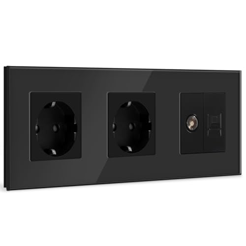 BSEED Tomada de parede dupla com 1/2 PC+ TV, antena de TV coaxial e ethernet RJ45 Cat5e, chuko tomada com painel de vidro, tomada de corrente dupla preta, tomadas de extensão para cozinha, quarto