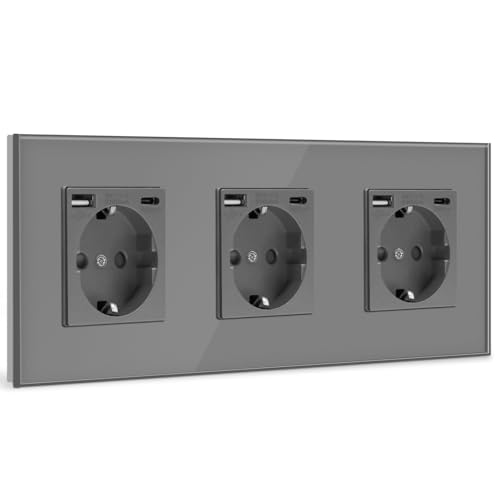 BSEED Tomada de parede tripla USB (máx. 2,1 A) com Tipo C Port, cinzento Schuko tomada, tomada de energia com 2 x carregadores USB e Tipo C adequado para smartphone MP3 Tablet, para cozinha, quarto