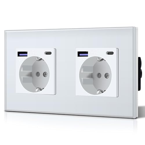 BSEED Tomada de parede dupla com 20 W USB e tipo C, tomada USB C de vidro, carregamento rápido, 3 em 1, instalação fácil, 2 tomadas, 157 mm branco