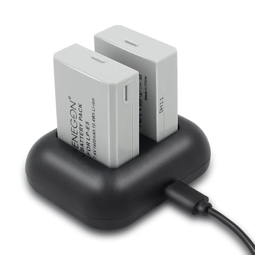 ENEGON Bateria de substituição (embalagem de 2) e carregador rápido rápido para Canon LP-E5 e Canon EOS Rebel XS, Rebel T1i, Rebel XSi, 1000D, 500D, 450D, Kiss X3, Kiss X2, Kiss F
