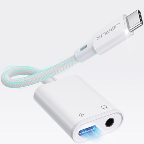 JSAUX Adaptador USB C de 3,5 mm para auriculares e carregador, 2 em 1 tipo C para conector de áudio auxiliar com PD 60 W, compatível com iPhone 15 Pro Max/15, Samsung S24/S23/S22, Huawei P40, iPad Pro