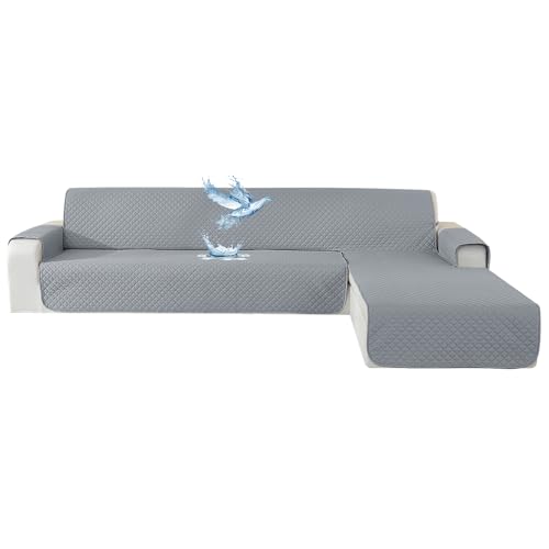 YSTELLAA Impermeável capa sofá Chaise Long 3 lugares, cobertura sofá haise longa esquerda/direita universal reversível, anti-gato e cão animal de estimação, protetor antimanchas e resistente, cinzento