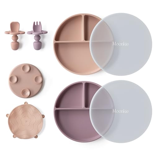 Moonkie Pratos de silicone para bebé, 2 peças anti-capotamento com garfo e colher, ventosa, sem BPA, adequados para máquinas de lavar louça, frigoríficos e micro-ondas (Blush/malva)