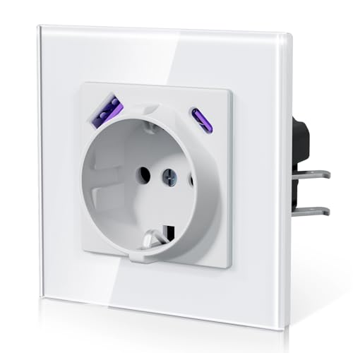 BSEED Tomadas com 20 W USB e tipo C, tomada de parede com vidro, carregamento rápido, instalação com escritório, série E,1 tomada com 20 W USB e tipo C, 86 mm branco