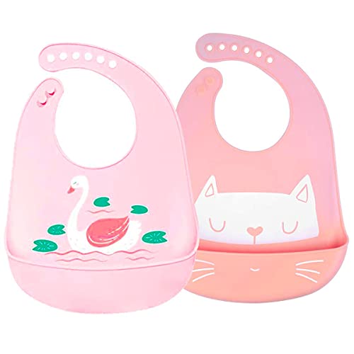 Babadores bebé impermeáveis silicone flexível macio de 6 meses a 6 anos grande ajustável para menina impermeável rosa, ROSA, 2 Unidad (Paquete de 1)