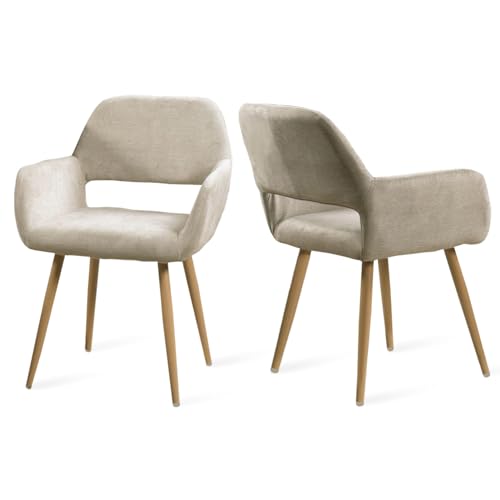 MEUBLE COSY Conjunto de 2 cadeiras de sala de jantar escandinava poltrona estofada em tecido com apoio de braços pernas metálicas para cozinha sala