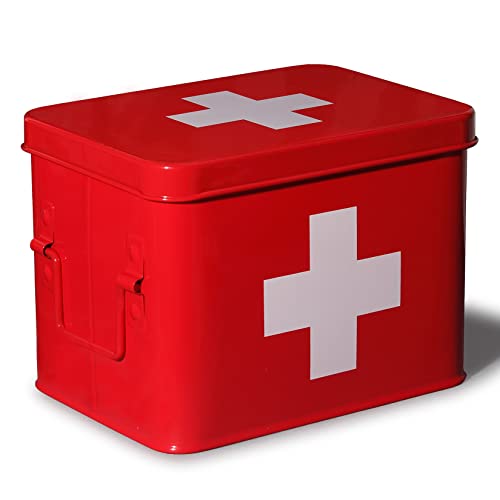 Theo&Cleo Kit de metal, primeiros socorros, mala de médico retro, armário médico, 22 x 16 x 16 cm (vermelho - 22 cm)