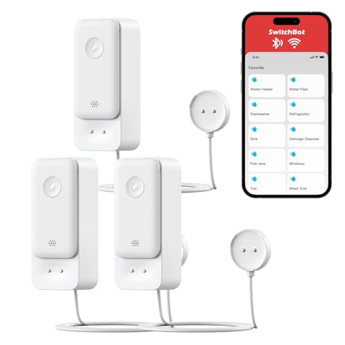 SwitchBot Sensor de água WiFi não requer concentrador, detetor inteligente de fugas de água de 100 dB e alertas de aplicação, IP67 impermeável, detetor sem fios doméstico com cabo de