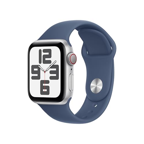 Apple Watch SE de 2.ª geração GPS + Cellular Smartwatch com caixa de alumínio em prata de 40 mm e correia desportiva azul Denim - tamanho S/M. Monitores de treino e sono e resistência à água
