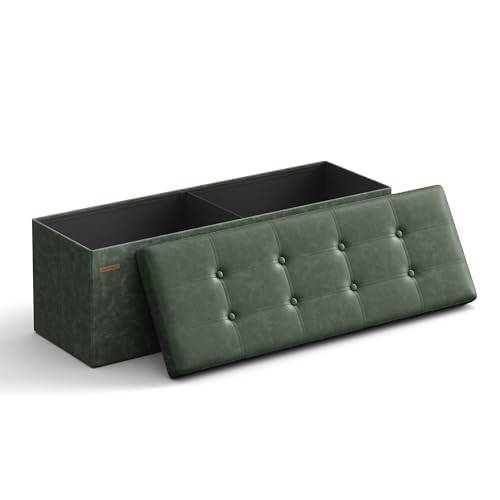 SONGMICS Puff de arrumação, baú de armazenamento dobrável, 38 x 110 x 38 cm, banco de apoio, suporte até 300 kg, para sala de estar, quarto, entrada, verde floresta LSF070C01