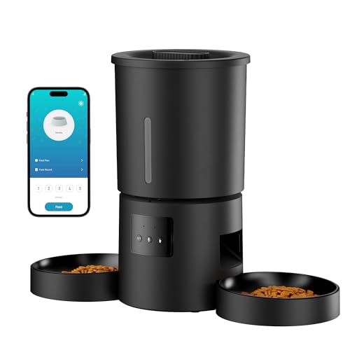 Alimentador de gato automático duplo & App: Dispensador automático de 5 L com WiFi 2,4 G e temporizador para comida seca - Design de comedor duplo AONBOY para vários gatos e cães - preto