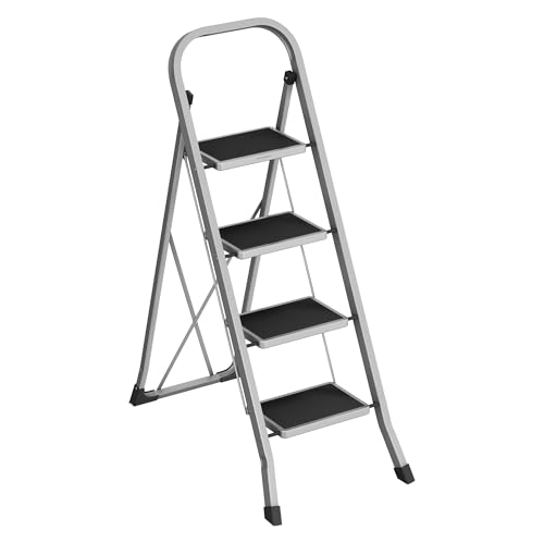 SONGMICS Escada de tesoura, escada com 4 degraus, queda dobrável, bloqueio de segurança, fácil de guardar, carga até 150 kg, cinzento pombo GSL004G01
