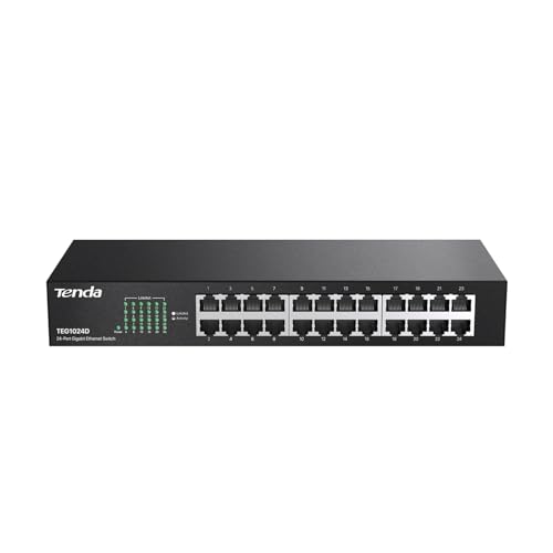 Tenda TEG1024D Gigabit Ethernet Switch, 24 portas RJ45, 48 Gbit/s,10/100/1000 Mbps, Auto MDI/MDIX, montagem em secretária/Rack, proteção profissional contra raios, não gerenciado, Pro lug & p Lay,