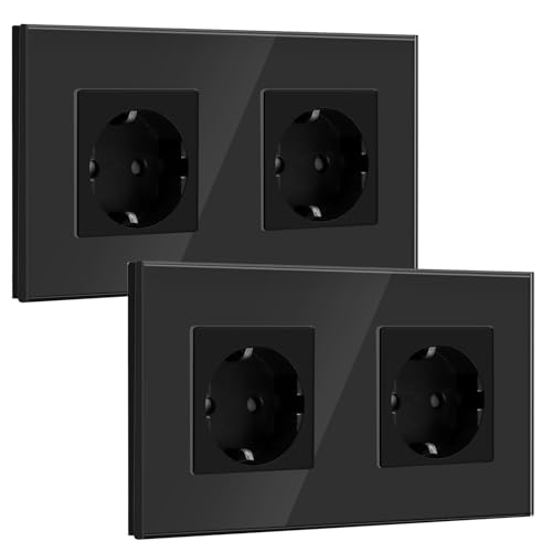 BSEED Tomada dupla Schuko 2 Gang 2 pacotes, tomada de parede 16A com placa de vidro 157 * 86 mm, preto