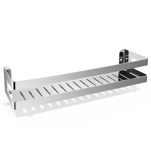 QL Prateleira de chuveiro, cesta de casa de banho aço inoxidável, organizador de parede para casa de banho e cozinha, suporte para champô 40 cm, cromado