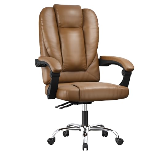 naspaluro Cadeira de escritório ergonómica, cadeira secretária de couro PU, design estofada com mola, encosto alto ajustável, cadeira giratória com rodas silenciosas, castanho