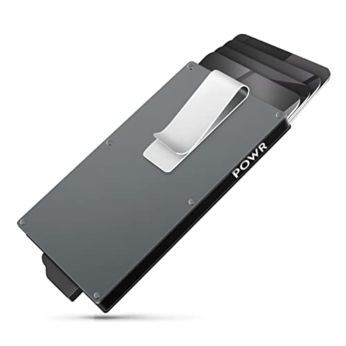 POWR Porta-cartões de metal, cartão RFID sem contacto para homens, Titânio com clipe para dinheiro, Minimalista