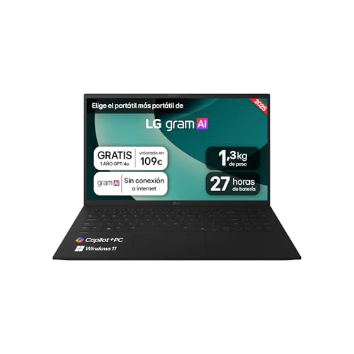 LG gram 15Z80T-G.AU88B Computador portátil de 15", Windows 11, AMD Ryzen AI 7, 32 GB RAM, 1TB SSD, AMD Radeon Graphics 860M, ecrã IPS (1920 x 1080), leve, 1,290 g, 27 horas , AI, preto