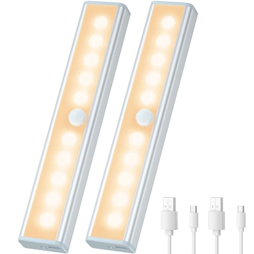 OUSFOT Luzes de armário com sensor de movimento, luz de armário com sensor USB recarregável 10 LED fita magnética adesiva para armário quarto