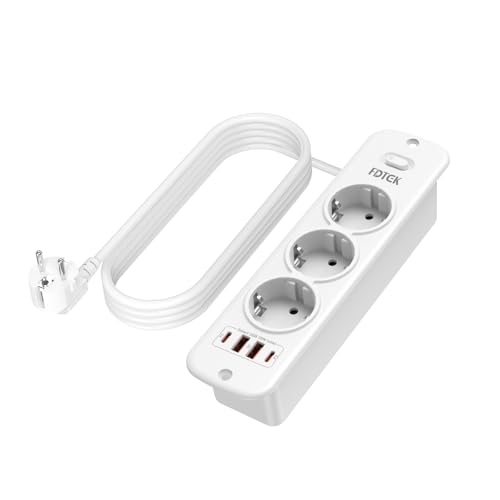 Tomada recarregável de 4000 W, FDTEK tomada de mesa com 2 USB-A e 2 Type-C (PD20W), tomada integrada para economizar espaço, 3 AC tomas, cabo 2 m, branco