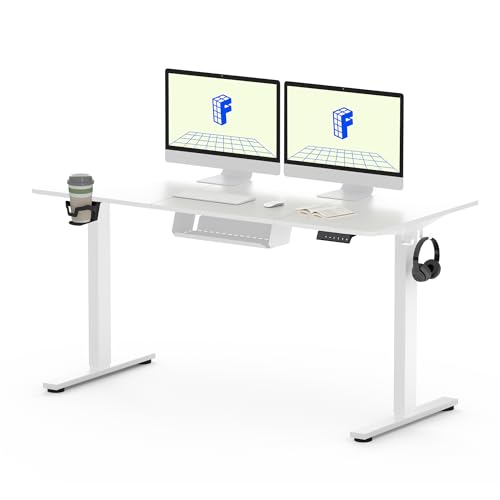 FLEXISPOT QE PRO Mesa elevável elétrica 140 x 60 cm, mesa levantável com 2 ganchos, porta-copos e organizador de cabos, 4 funções de memória, Standing Desk para escritório e casa e teletrabalho
