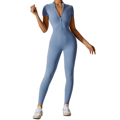 Litthing Macacão de ioga mulher roupa desportiva com fecho de correr mangas curtas fato uma peça Jumpsuit sexy elásticos longo body overol de ginásio treino fitness corrida