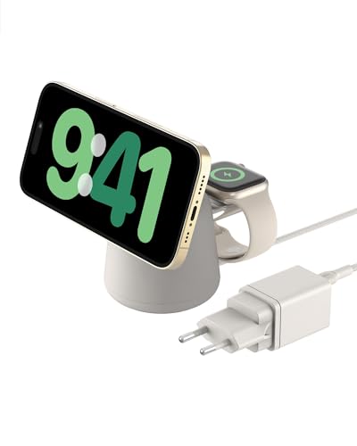 Belkin BoostCharge Pro Carregador sem fios 2 em 1 com Qi2 de 15 W, estação de carregamento com MagSafe para iPhone Series 17, iPhone Air, 16, Apple Watch, AirPods e outros, fonte de alimentação - bege