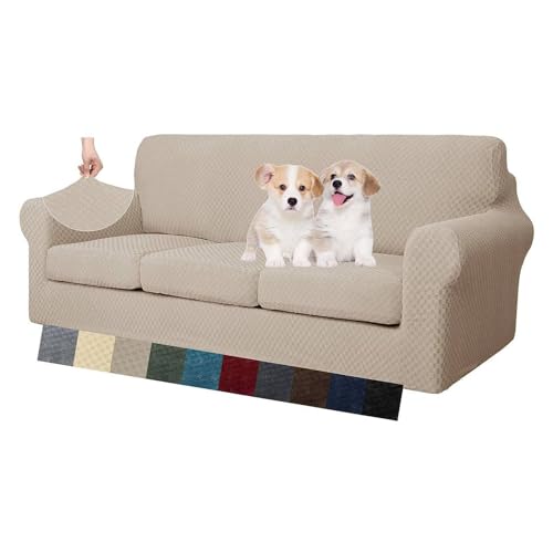 MAXIJIN 4 peças mais novas capas de sofá para 3 lugares elástico antiderrapante capa de sofá para cães elástico Jacquard protetor de móveis capas de sofá (3 lugares, caqui)
