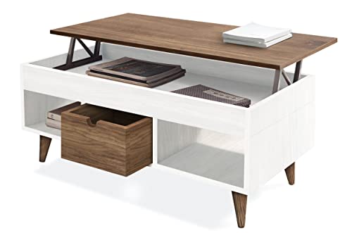HOGAR24 ES Casa 24 Atelier mesa centro elevável de madeira maciça natural, combinada cor branca e madeira, 100 cm x 50 cm x 47 cm