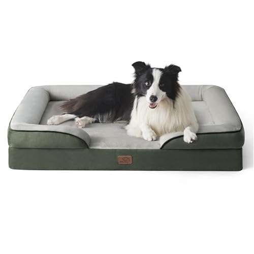 Bedsure Sofá cão ortopédico grande - cama de cão removível e lavável, colchão cão com forro impermeável e espuma viscoelástica, verde escuro, L