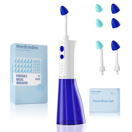 medcodes Neti Pot Sistema de rega nasal sem fio, máquina de limpeza de garrafas de enxaguamento nasal, kit de sistema de lavagem sinusal elétrico para alívio dos seios nasais (azul)