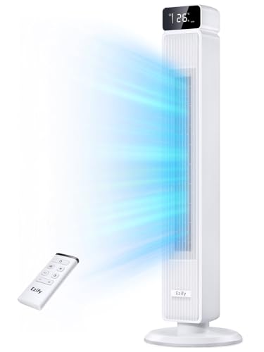 Ezify Ventoinha de torre silenciosa com comando, 7,3 m/s fluxo potente e modo noturno 30 dB, oscilação de 90°, 6 velocidades, temporizador de 12 H, ventilador de pé para quarto e escritório