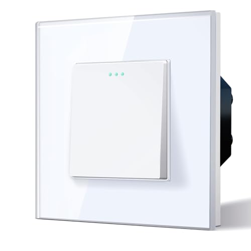 BSEED Interruptor interruptor, Basculante com pilotos LED, moldura de vidro, fácil instalação, fácil de limpar, 1 gangue 2 vias, 86 mm branco