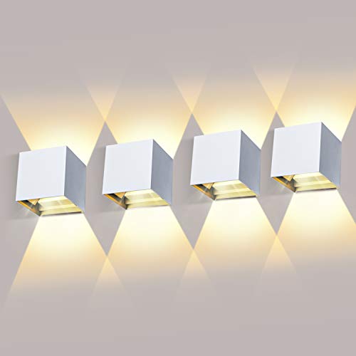 ledmo 4 peças 12 W aplique parede exterior/interior 3000 K branco quente aplique de parede ângulo de feixe ajustável aplique parede LED IP65 impermeável, branco