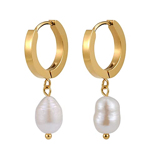 Brincos de pérolas pendentes com pérolas genuínas de água doce - impermeáveis - creoles para senhoras em ouro de 18 quilates, prata