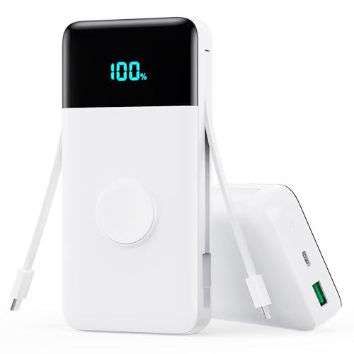 Trswyop Power Bank 26800 mAh com carregador i-Watch, 25 W PD+QC4.0 USB C carregamento rápido bateria externa com 2 cabos integrados, 5 saídas carregador portátil LCD compatível com Apple Watch, iPhone