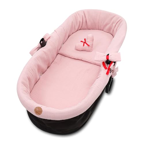 Cobertura universal para alcofa musselina - vestidura carrinho bebé ninho carrinho acessórios conjunto 3 peças com almofada e inserção de gôndola rosa