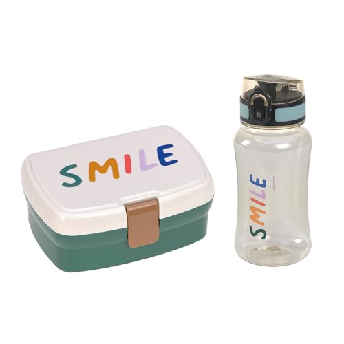 Lässig Conjunto de lancheira e garrafa para beber - Conjunto de almoço com lancheira e garrafa para beber (460 ml)/Little Gang Smile verde oceano