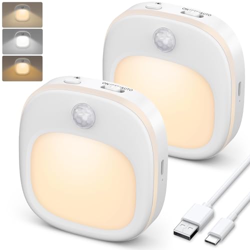 ANOPU Luz noturna com sensor de movimento, [2 peças] luz noturna infantil USB-C recarregável com 3 modos de cor (quente/frio/misto), 15% - 100% ajustável, luz LED autocolante para escadas, corredor