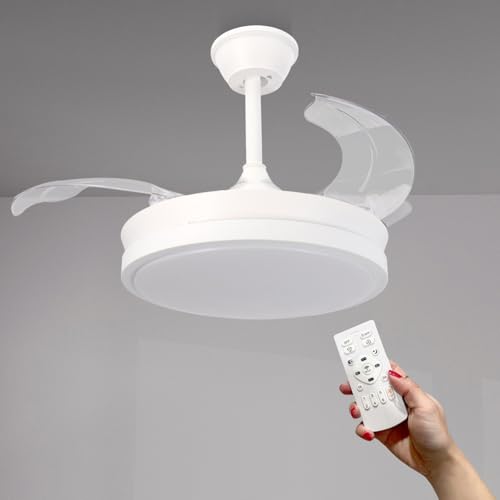 M Mimotec Ventoinha de teto com luz LED White Thor, com controlo remoto, motor DC, 6 velocidades, silencioso, pás retráteis, função verão-inverno, temporizador, luz CCT regulável. LM8821