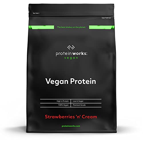 Protein Works - Proteína vegana, 100% A base de plantas, sem glúten, baixo em gordura, morangos com nata, 1 kg