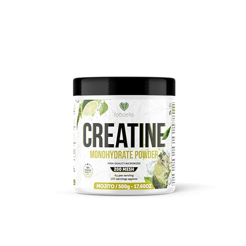 Foodelis Creatina monohidratada 500 g em pó – sabor mojito – alta pureza – desempenho físico e recuperação – matéria-prima premium, vegana, absorção rápida.