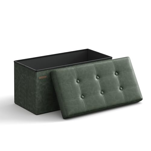 SONGMICS Puff de arrumação, baú de armazenamento dobrável, 38 x 76 x 38 cm, banco de apoio, suporte até 300 kg, para sala de estar, quarto, entrada, verde floresta LSF040C01