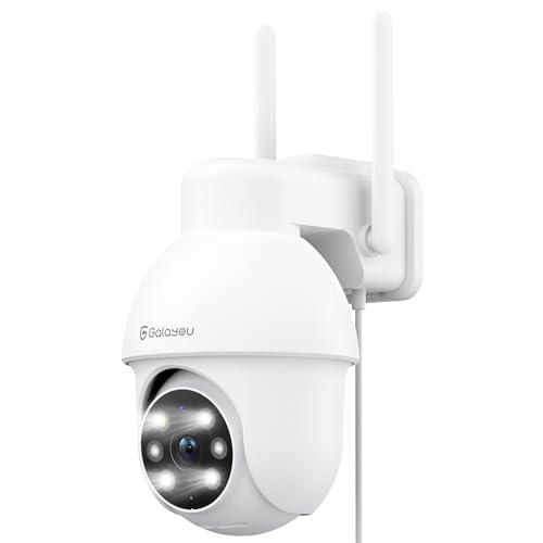GALAYOU Câmara de vigilância WiFi exterior - 2 K câmaras IP vigilância doméstica 360 ° com visão noturna colorida, alerta de movimento, 24/7 gravação em cartão SD, IP65, compatível com Alexa