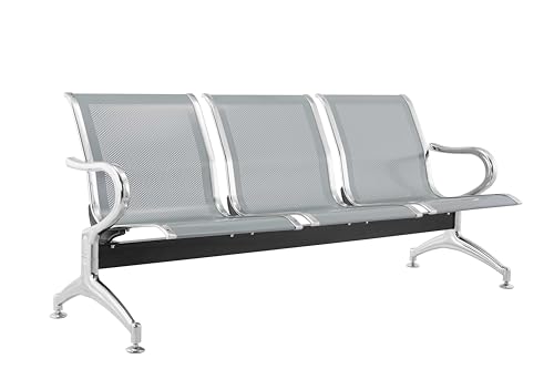 Banco de 3 lugares em aço 183 x 71 x 78H prateado para sala de espera, Fbasic | Banco com apoios de braços | Airport