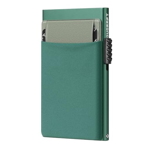 DUGRAFT Porta-cartões com dinheiro de bolso, fino minimalista para homem alumínio metálico Pop-up carteira bloqueio RFID, capacidade para 5 cartões e dinheiro, Verde de meia-noite, Minimalista