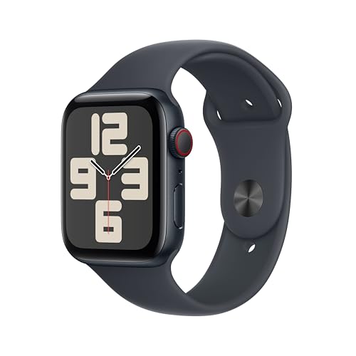 Apple Watch SE de 2.ª geração GPS + Cellular Smartwatch com caixa de alumínio em meia noite de 44 mm e correia desportiva meia-noite - tamanho S/M. Monitores de treino e sono e resistência à água