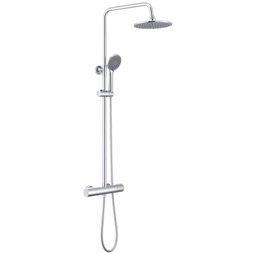 Auralum Coluna duche térmica com cabeça de chuveiro chuva 23 x 23 cm e chuveiro de mão 3 modos, chuveiros de casa de banho coluna altura regulável 92 - 122 cm, cromado